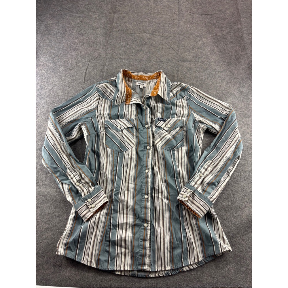 Wrangler Retro Womens L Blue Orange Striped Western Snap Shirt Long Sleeve SEE